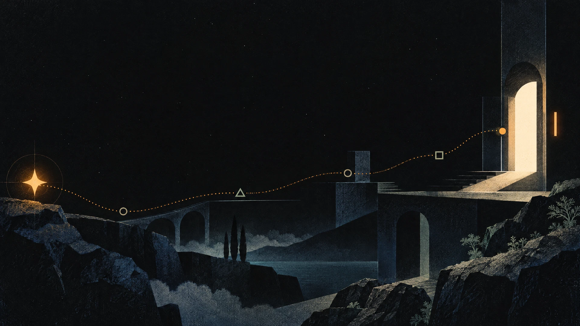 An amber cursor follows a dotted path across a dark field toward an open doorway.